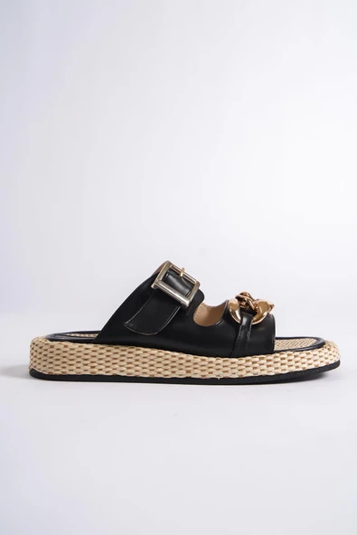 Mambo Zincir Tokalı Siyah Günlük Kadın Hasır Terlik - 2