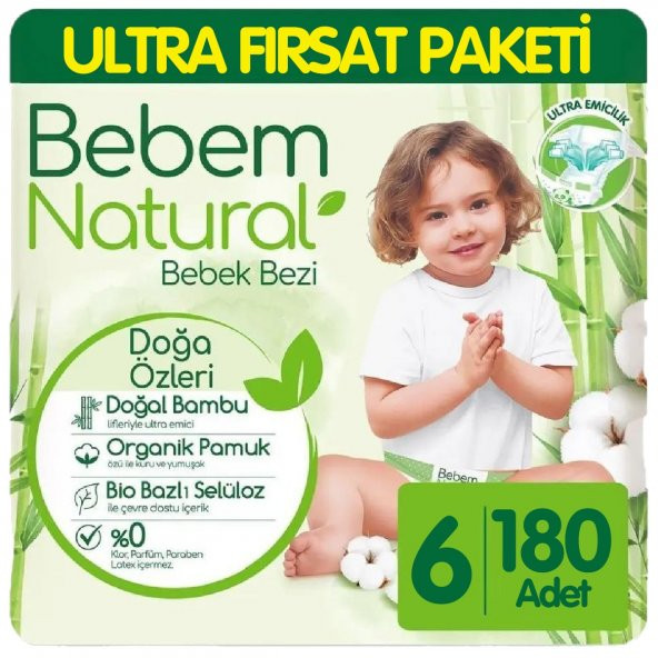 Bebem Natural Bebek Bezi Ultra Fırsat Paketi 6 Beden 60x3 180 Adet ürün görseli