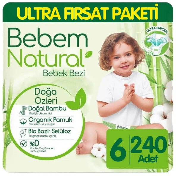 Bebem Natural Bebek Bezi Ultra Fırsat Paketi 6 Beden 60x4 240 Adet ürün görseli