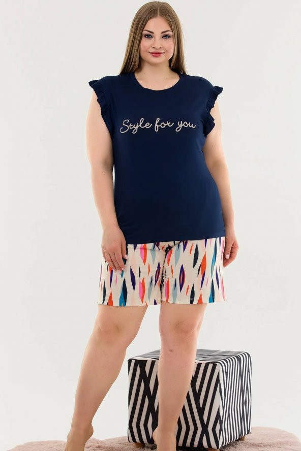 Lacivert Renk ve Desenli Lady 10363 Büyük Beden Şortlu Pijama Takımı
