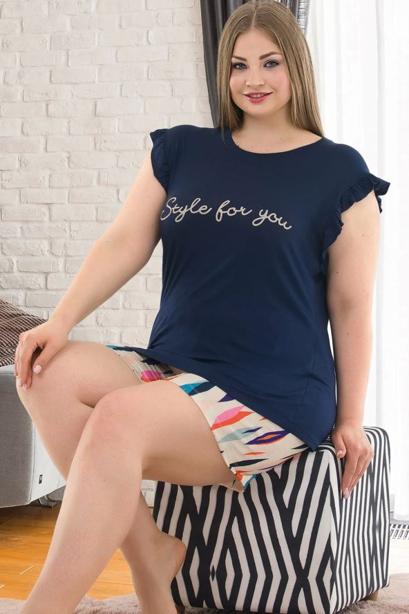 Lacivert Renk ve Desenli Lady 10363 Büyük Beden Şortlu Pijama Takımı - 2
