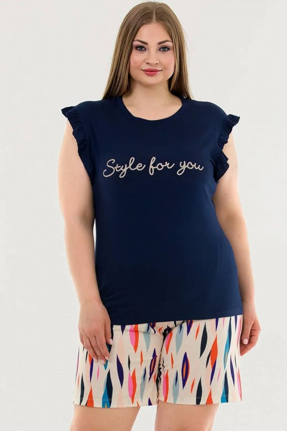 Lacivert Renk ve Desenli Lady 10363 Büyük Beden Şortlu Pijama Takımı - 3