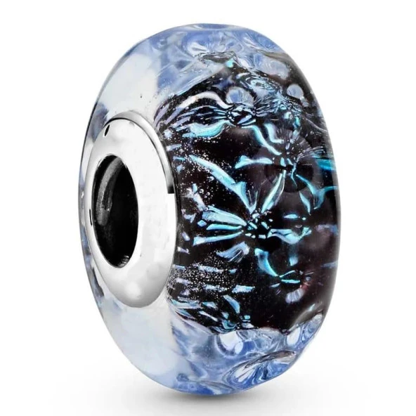 925 Ayar Gümüş Dalgalı Koyu Mavi Murano Cam Okyanus Charm