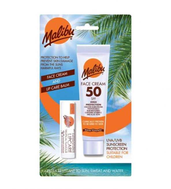 Malibu Güneş Koruyucu Yüz Losyonu SPF50 + Dudak Koruyucu & Nemlendirici SPF30