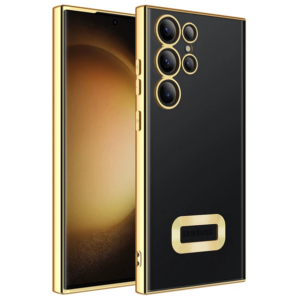 Samsung Galaxy S23 Ultra Kılıf Kamera Korumalı Logo Gösteren Zore Omega Kapak  Gold