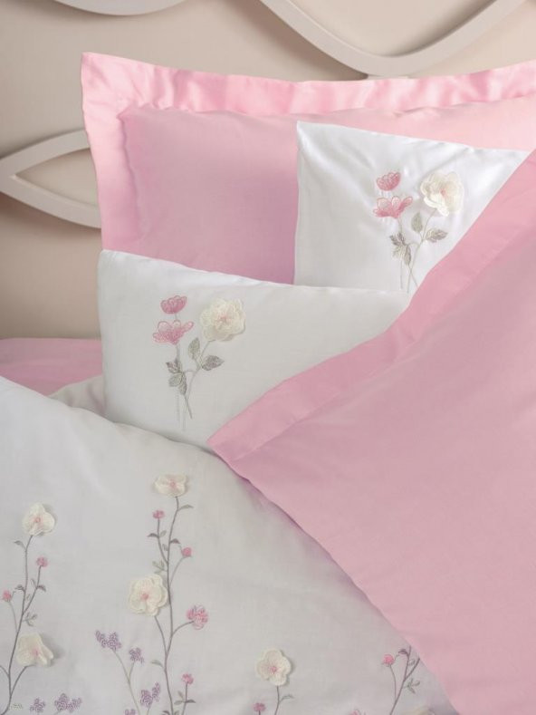 Cotton Box 3D Nakışlı Çift Kişilik Saten Nevresim Takımı Jolie Pembe - Resim 2