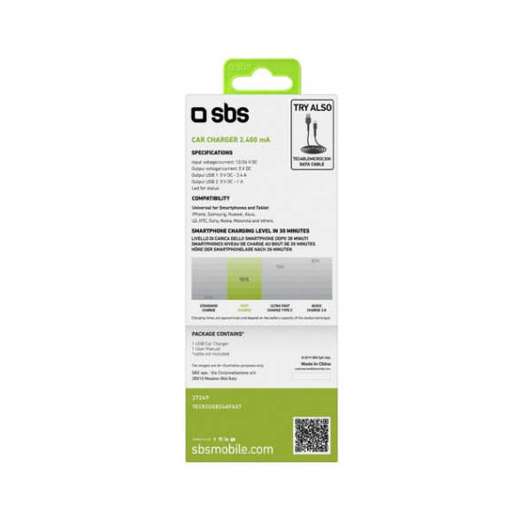 SBS Araç Şarj Cihazı - 2 USB outputs-2.4 - 2