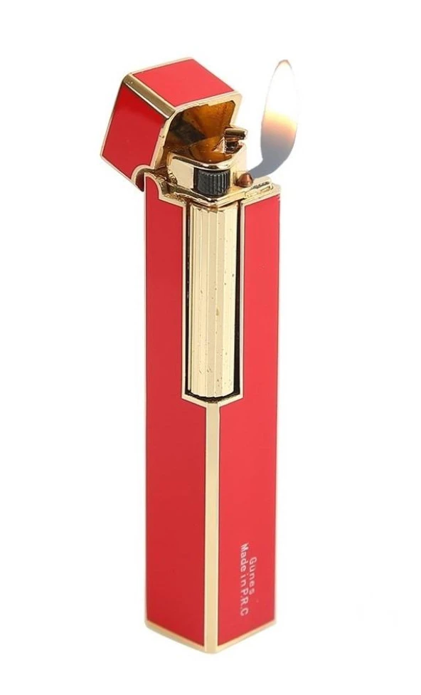 Slim Kare Metal Çakmak - Kırmızı - Taşlı Gazlı - Resim 2