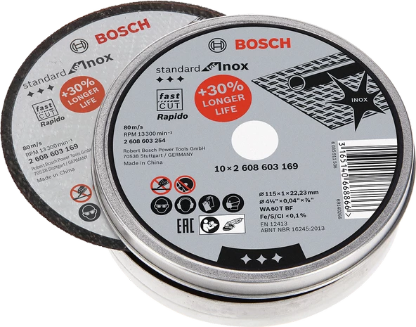 Bosch - 115*1,0mm Standard Seri Düz Inox (Paslanmaz Çelik) Kesme Diski (Taş) - Rapido 10'lu