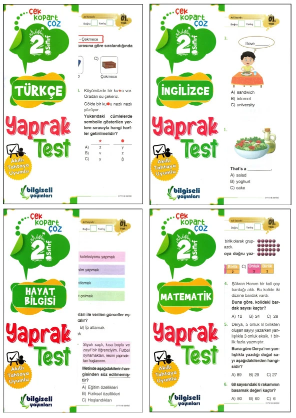 Bilgiseli 2. Sınıf Matematik+Türkçe+Hayat Bilgisi+İngilizce Yaprak Test Seti 4 Test