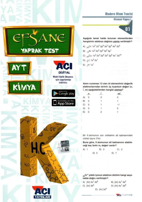 Açı Yayınları AYT Kimya Efsane Yaprak Test