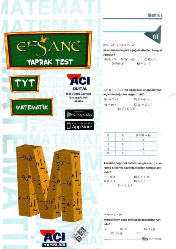 Açı Yayınları TYT Efsane Matematik Çek Kopart Yaprak Test