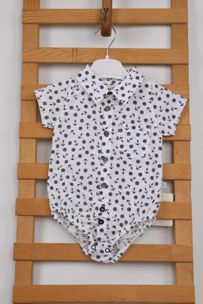 Babyhola Çapa Desen Kısa Kol Poplin Erkek Bebek Gömlek Çıtçıtlı Badi 3503