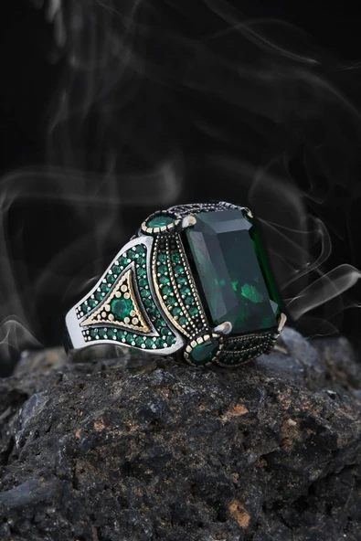 Yeşil Zirkon Taşlı İşlemeli Gümüş Erkek Yüzük - 3