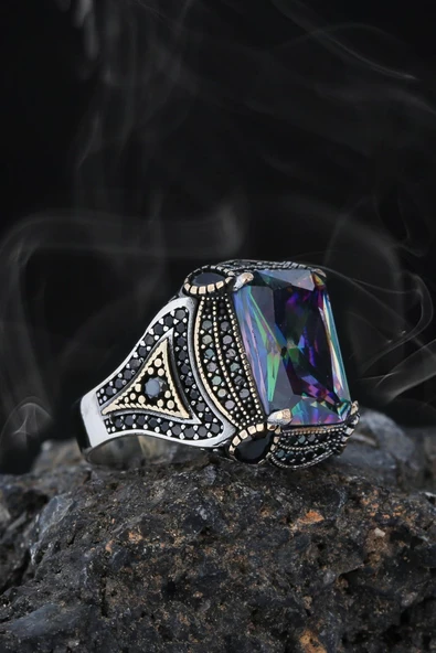 Mistik Topaz ve Zirkon Taşlı Motifli Gümüş Erkek Yüzük - 3