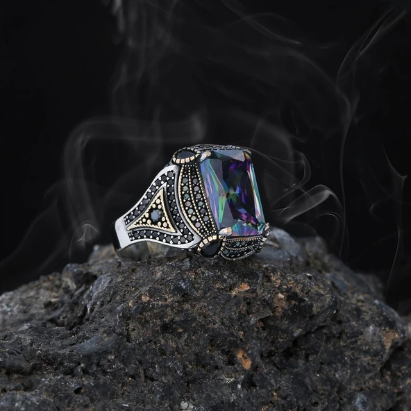 Mistik Topaz ve Zirkon Taşlı Motifli Gümüş Erkek Yüzük - 2