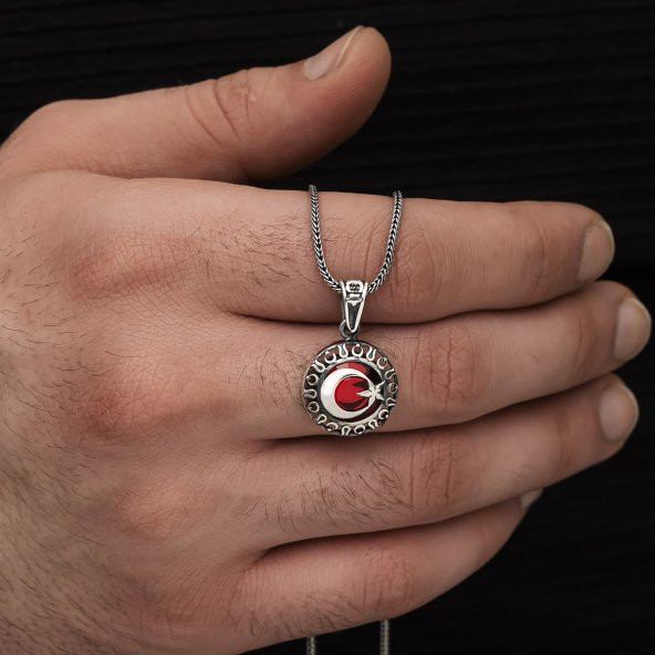 Kırmızı Zirkon Taşlı Ayyıldız Gümüş Erkek Kolye - 2