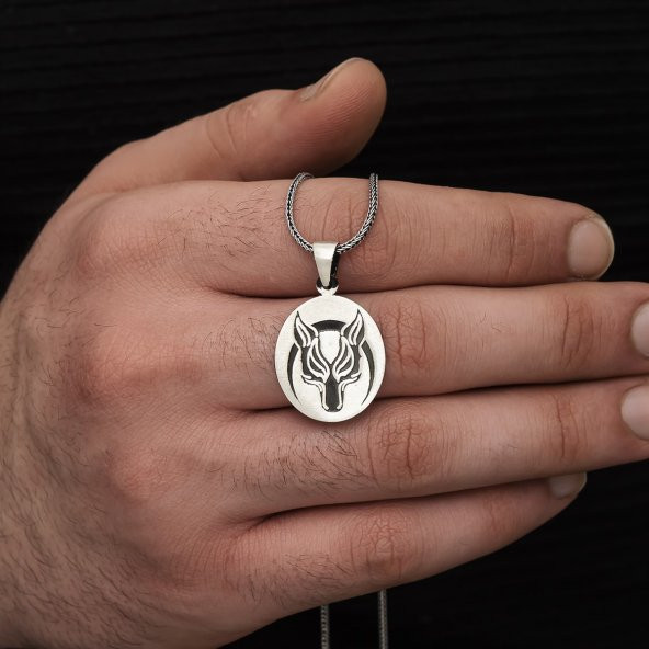 Kurt Motifli Oval Gümüş Erkek Kolye - 4
