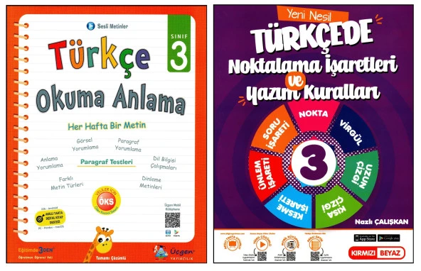 Üçgen+Kırmızı Beyaz 3. Sınıf Okuma Anlama+Noktalama İşaretleri & Yazım Kuralları 2 Kitap