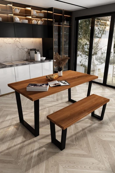 Woodesk  Eylül Masif Tik Renk 180x80 Banklı Yemek Masası