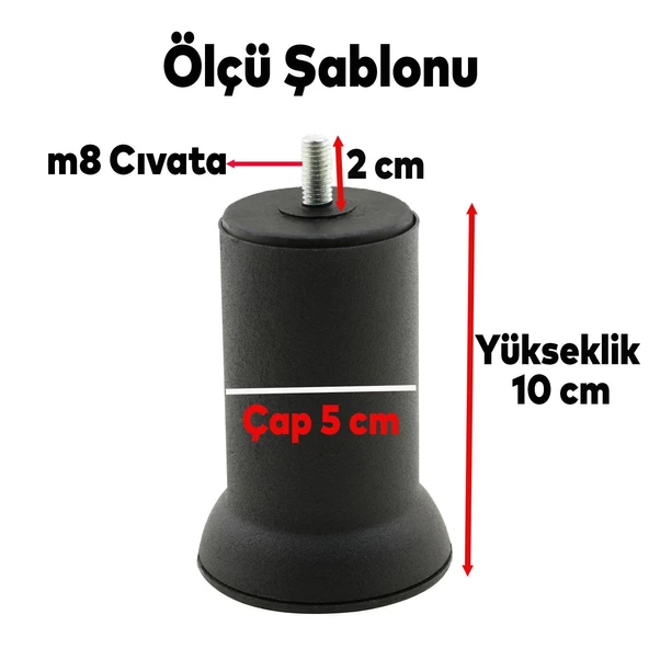 Mobilya Koltuk Kanepe Baza Çekyat Yükseltme Metal Ince Diş M8 Siyah Ayağı Ayakları 10 Cm 4 Adet - 2