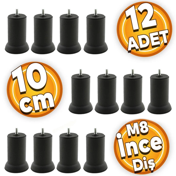 Mobilya Baza Koltuk Kanepe Çekyat Yükseltme Ayağı Metal Ayakları Ince Diş M8 Siyah 10 Cm 12 Adet