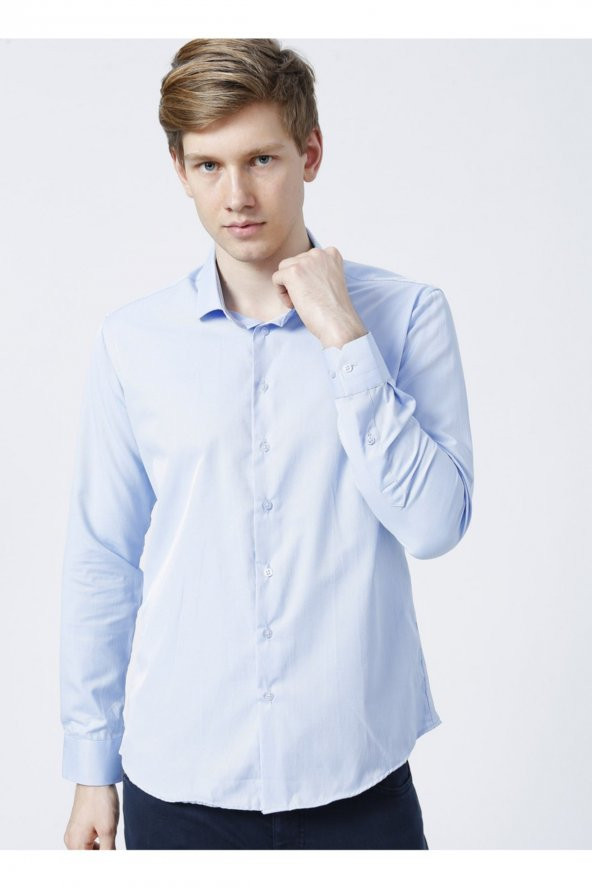 Gm2024700271 Klasik Yaka Slim Fit Armürlü Mavi Erkek Gömlek