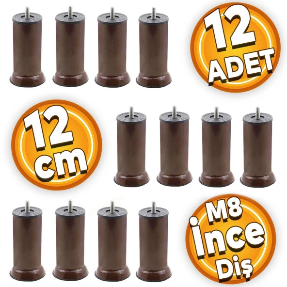 Metal Mobilya Baza Kanepe Koltuk Çekyat Yükseltme Ayağı M8 Ince Diş Kahve Ayakları 12 Cm (12 ADET)