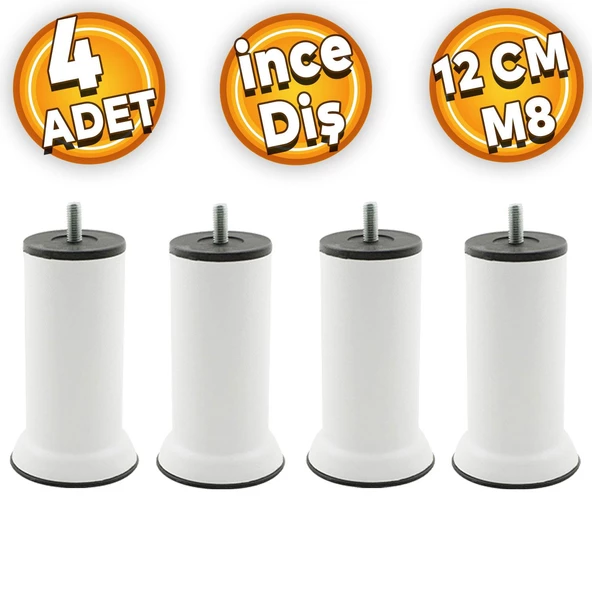 Mobilya Baza Kanepe Koltuk Çekyat Yükseltme Ayağı M8 Ince Diş Beyaz Metal Ayakları 12 Cm 4 Adet