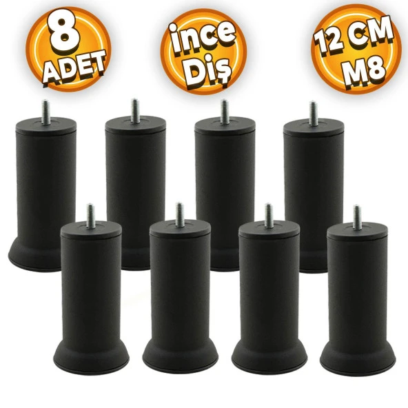 Mobilya Baza Kanepe Koltuk Çekyat Yükseltme Ayağı Ince Diş M8 Siyah Metal Ayakları 12cm 8 Adet