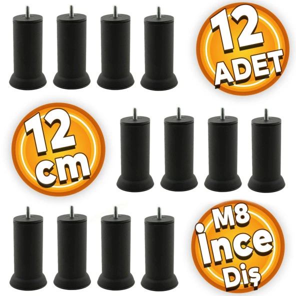 Mobilya Baza Kanepe Koltuk Çekyat Yükseltme Ayağı M8 Ince Diş Siyah Metal Ayakları 12 Cm (12 ADET)