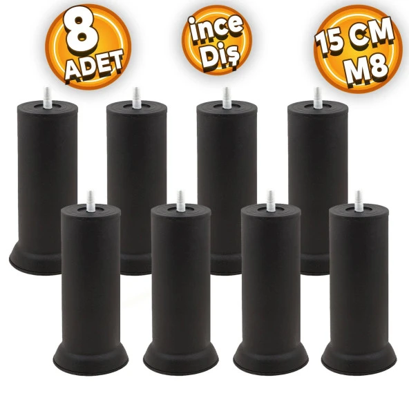 Mobilya Kanepe Baza Koltuk Çekyat Yükseltme Ayağı Ince Diş M8 Siyah Metal Ayakları 15 Cm 8 Adet