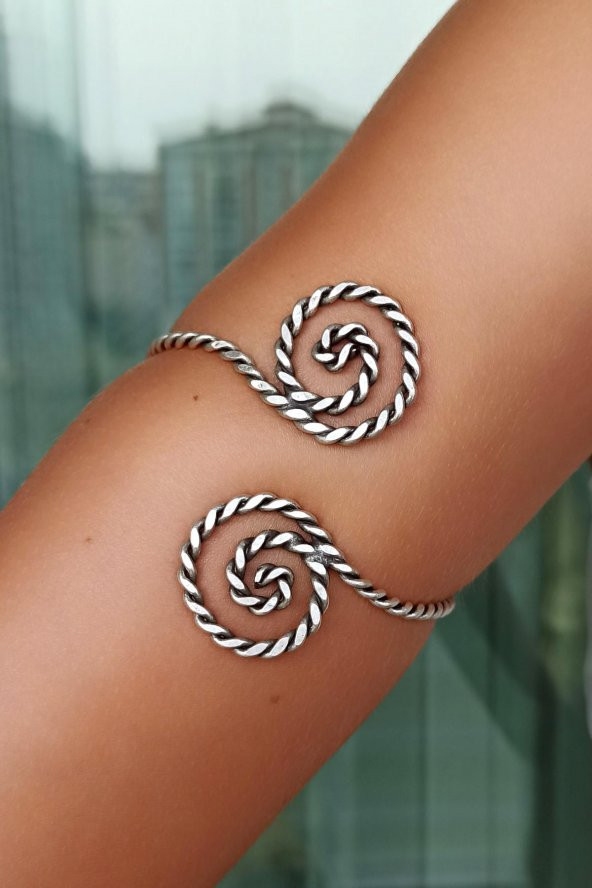 Spiral Şekilli Gümüş Kaplama El Yapımı Ayarlanabilir Kol Bilekliği Pazılık - 2