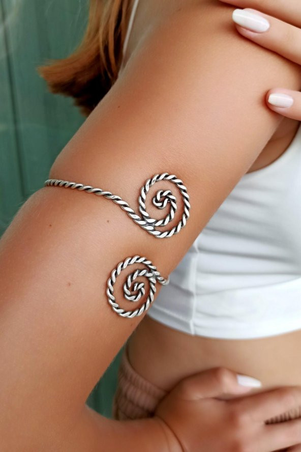 Spiral Şekilli Gümüş Kaplama El Yapımı Ayarlanabilir Kol Bilekliği Pazılık - 4