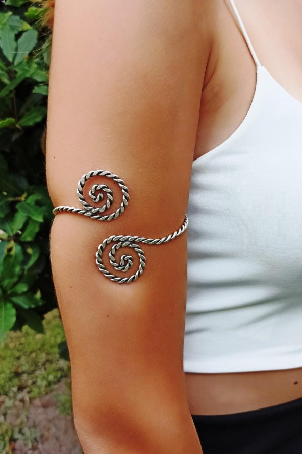Spiral Şekilli Gümüş Kaplama El Yapımı Ayarlanabilir Kol Bilekliği Pazılık - 5