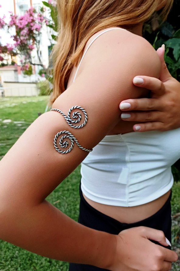 Spiral Şekilli Gümüş Kaplama El Yapımı Ayarlanabilir Kol Bilekliği Pazılık - 6