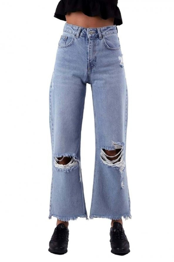 Paçası Püsküllü ve Geniş Paçalı Yüksek Belli Yırtıklı Rahat Kot Kadın Pantolon Dört Mevsim Denim - 1