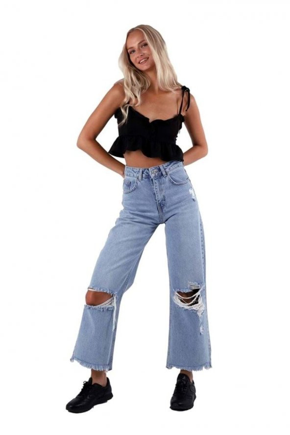 Paçası Püsküllü ve Geniş Paçalı Yüksek Belli Yırtıklı Rahat Kot Kadın Pantolon Dört Mevsim Denim - 4