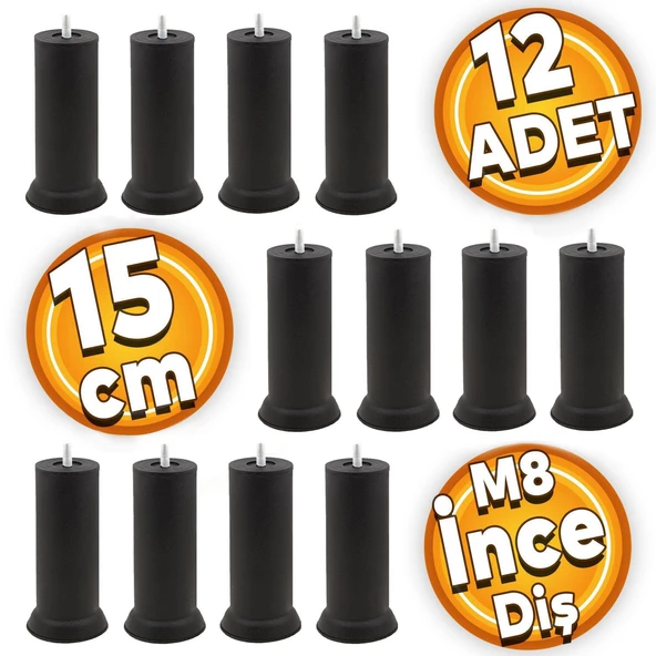 Mobilya Baza Kanepe Koltuk Çekyat Yüksetlme Ayağı M8 Ince Diş Siyah Ayakları 15 Cm Metal (12 ADET)
