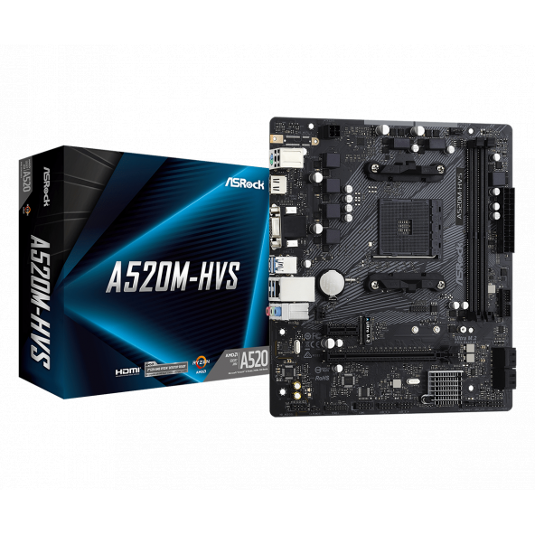 AsRock A520M HVS Socket AM4, DDR4 4733+Mhz(O.C.), M.2, USB 3.2, HDMI,VGA mATX A520 Anakart