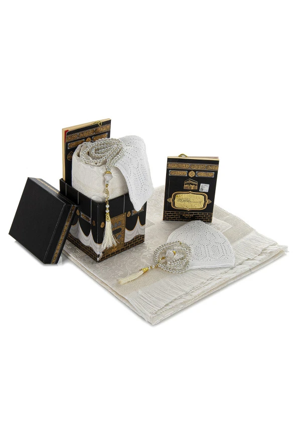 Kabe Desenli Özel Kutusunda Seccadeli Hediyelik Mevlüt Seti Beyaz - Resim 6