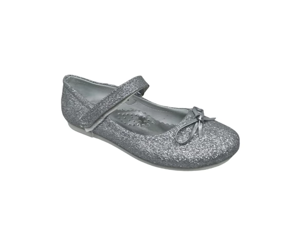 Zerhan 100 Kız Bebek Çocuk Gri Simli Fiyonklu Cırtlı Babet - Resim 2