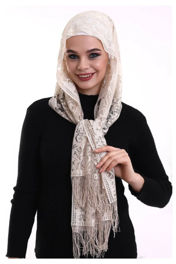 Narin Pamuk Tül Şal Koyu Krem-2 60x160