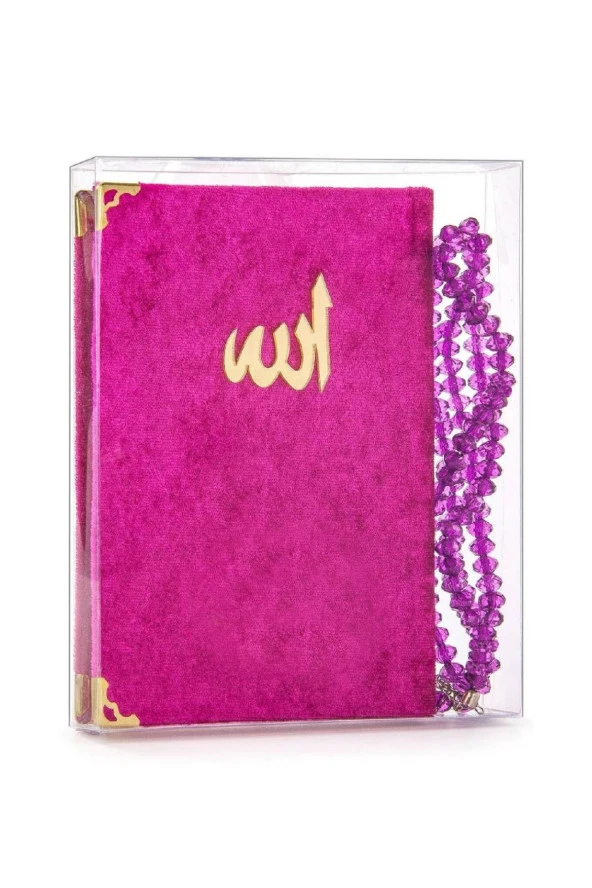 10 Adet Kadife Kaplı Yasin Kitabı - Çanta Boy - Şeffaf Kutulu - Fuşya - Hediyelik Yasin Seti