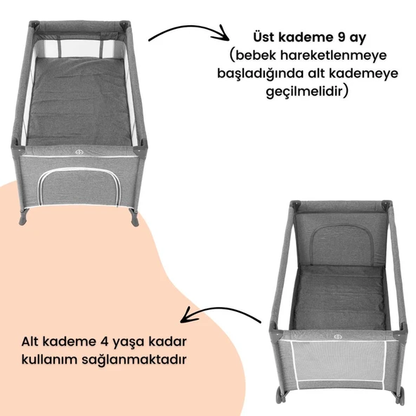 Gulz Raftel Oyun Parkı Bebek Beşik 70x120 Cm + YATAKLI Light Grey - Resim 3