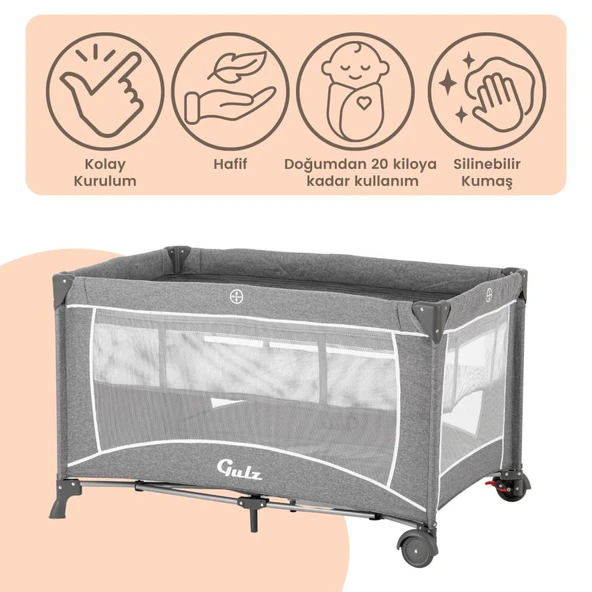 Gulz Raftel Oyun Parkı Bebek Beşik 70x120 Cm + YATAKLI Light Grey - Resim 5