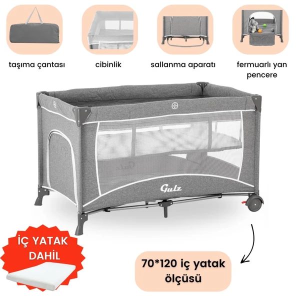 Gulz Raftel Oyun Parkı Bebek Beşik 70x120 Cm + YATAKLI Light Grey ürün görseli 1