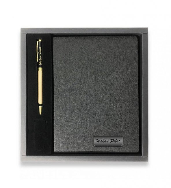 Kişiye Özel Siyah VIP Hediyelik Set - 15x21 Yaldız Kenar Not Defteri - Metal Roller Kalem HK2065 - 2