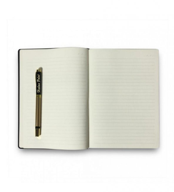 Kişiye Özel Siyah VIP Hediyelik Set - 15x21 Yaldız Kenar Not Defteri - Metal Roller Kalem HK2065 - 5