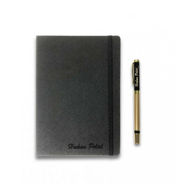 Kişiye Özel Siyah VIP Hediyelik Set - 15x21 Yaldız Kenar Not Defteri - Metal Roller Kalem HK2064 - 4